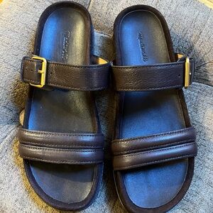 dara double strap slide sandal in leather (dark carob)